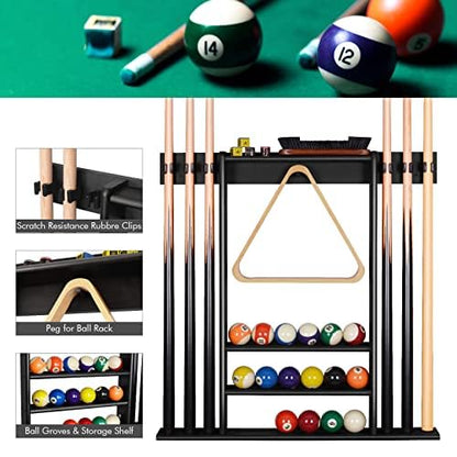 XCSOURCE Pool Cue Rack Only, Pool Stick Holder Wall Mount, 6 Pool Billiard Stick + Ball Set Wall Cue Rack, Made of 100% Solid Pine Wood, Compact Billiard Table Accessories for Man Cave - color: Black- 6 Pool