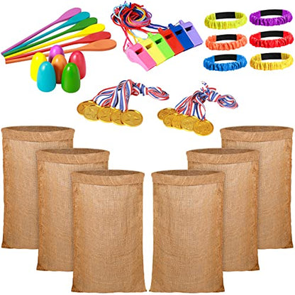 Chivao 40 Pcs Outdoor Carnival Games Combo Set Potato Sack Race Bags Egg Spoon Relay Race Three-Legged Races with Straps Whistles Medals for Family School Birthday Party Field Day Outside Game