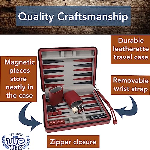 WE Games Backgammon Set, Board Games for Adults - Travel Games - Magnetic with Burgundy Leatherette Backgammon Board and Carrying Strap - Travel Backgammon Sets for Adults - color: Burgundy