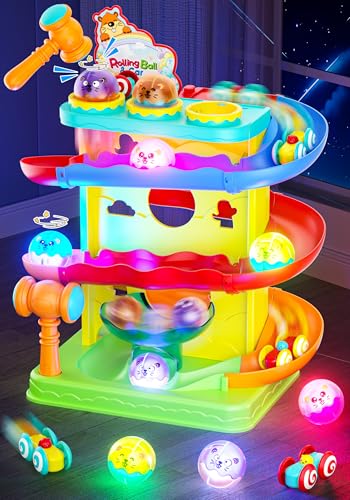 Funwee 2-in-1 Light Up Rolling Ball & Racing Car Ramp Toddler Toy, Race Track Hammer Ball Drop Toys, Interactive Montessori Learning Game for Kids 1-5+ Year Old Girl Boy Gift(Yellow) - color: Yellow
