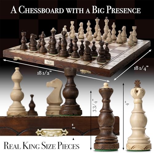 Wegiel Legate Luxury Wooden Chess Set for Adults and Kids - 18 Inch Handcrafted from Premium Beech and Birch Wood - Unique Folding Design with Chess Piece Storage - color: Legate