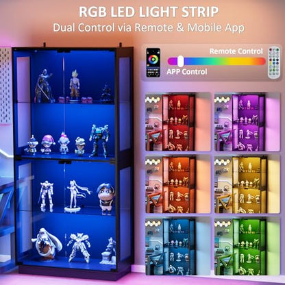 Display Cabinet with Glass Doors 4 Tier Glass Display Case with RGB LED Lights Display Cases for Collectibles Adjustable Shelves Display Case, for Game Room, Living Room, Bedroom, Black - color: Black
