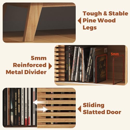 47" Large Record Player Stand with Sliding Doors, Mid Century Modern Vinyl Record Storage Display Cabinet Up to 350 LPs, Turntable Media Console for Living Room (Oak)
