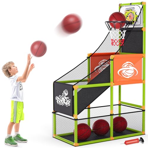 Arcade Basketball Game Set with Electronic Scoreboard&LED Light: Boy Toys Basketball Hoop Indoor Outdoor with 4 Balls & Air Pump Sports Carnival Games Christmas Birthday Gifts for Kids 3-12 Years Old - style: Green Scoring Basketball Hoop