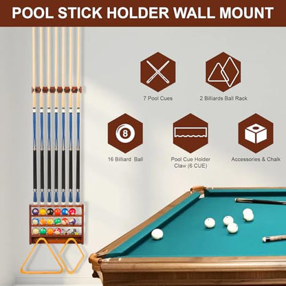 Pool Stick Holder - 7 Pool Cue Rack Wall Mount With Cue Rest and Ball holder, Wooden Pool Table Accessories Equipment Organizer, Billiard Cue Racks for Game Room Men Cave- Brown - color: Brown