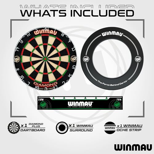 WINMAU Diamond Plus Dartboard - PDC Tournament Dart Board with High-Density Sisal & Reduced Bounce-Out Wiring - Available as Board Only, Surround Set or Cabinet Set with Steel Tip Darts