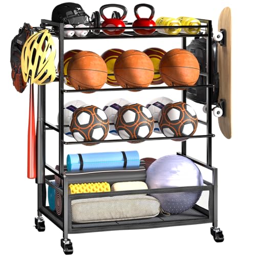 SOYEEZE Sports Equipment Organizer- Ball Storage for Garage,4 Tiers Outdoor Toy Storage,Soccer Racks,Basketball Shooting Training Stand Cart with Wheels and Hooks for Home-School and Gym Use - style: 4 Tiers