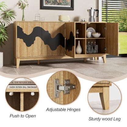 UEV Buffet Cabinet, 63" Modern Sideboard with Black Water Stream Pattern, Kitchen Storage Cabinet with 4 Doors & Shelf, Wood Credenza for Dinning Room, Living Room - color: Natural and Black