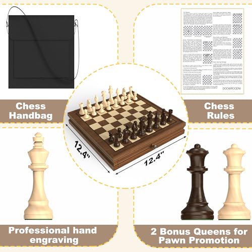 Premium Natural Walnut 13" x 13" Magnetic Wooden Chess Set with 1 Built-in Storage Drawers - 2 Bonus Extra Queens - 24 Checkers Pieces - Staunton Chess Pieces, Board Games Chess Sets - color: Brown