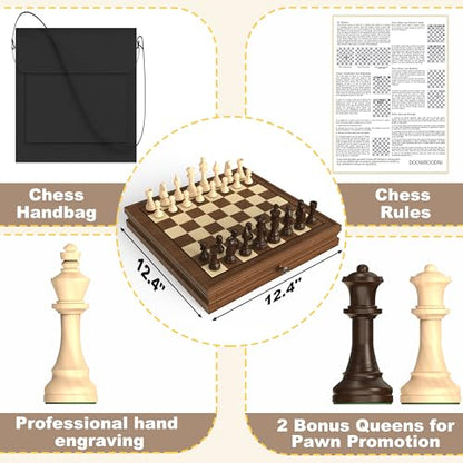 Premium Natural Walnut 13" x 13" Magnetic Wooden Chess Set with 1 Built-in Storage Drawers - 2 Bonus Extra Queens - 24 Checkers Pieces - Staunton Chess Pieces, Board Games Chess Sets - color: Brown