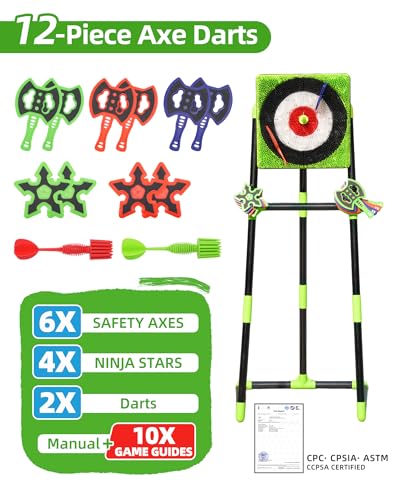 Axe Throwing Game for Backyard with Bristle Target & 12 Throwing Axes Set, Indoor & Outdoor Games for Adults, Kids & Family, Yard Games Toys, Axe Throwing Target,Dart Board,Carnival Games(Green)