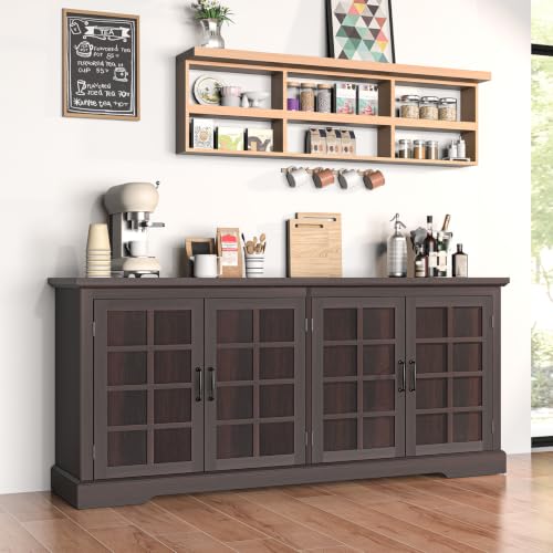 Bigbiglife 70.2" Wood Buffet Cabinet, Farmhouse Buffet Sideboard Cabinet with 4 Doors and Adjustable Shelves, Coffee Bar Wine Bar Storage Cabinet for Kitchen, Living Room, Chocolate Brown - color: Chocolate Brown