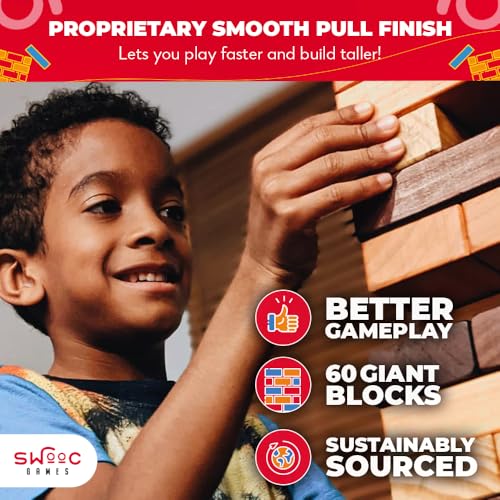 SWOOC Games - Reclaimed Giant Tower Game (Weather Resistant) 60 Blocks + Storage Crate/Outdoor Game Table | Stacks up to 5ft | Giant Outdoor Tower for Adults | Large Yard Activity | Jumbo Lawn Fun