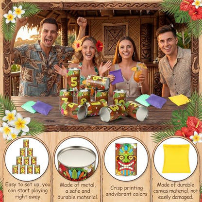 13 Pcs Luau Party Games Luau Tiki Can Toss Game Bean Bag Toss Include 10 Tin Can and 3 Bean Bag for Kids Summer Tiki Family Tropical Hawaii Aloha Indoors Outdoors Activities Party Supplies - style: Tiki Style