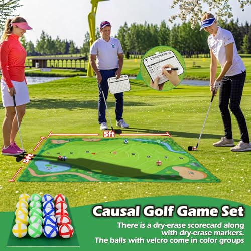 Battle Golf Chipping Game Set for Kids Adults, Chip and Stick Golf Game with 2 Adjustable Clubs, 5×5FT Double-Sided Chipping Practice Mat, 20 Sticky Balls Sport Toy Gift for Indoor Outdoor Family Fun