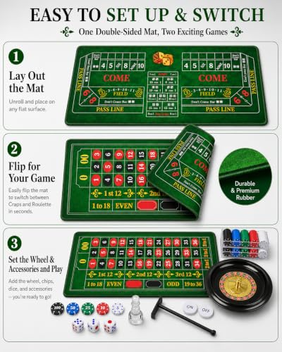 Roulette Wheel Game Set Include 47.2" x 23.6"Rubber Tabletop Layout Mat(Double Sided)，10 Inch Roulette Wheel，200 Chips Dealer Button，Win Marker，3 Dices，Chip Rake Casino Game Sets Gift Ideas