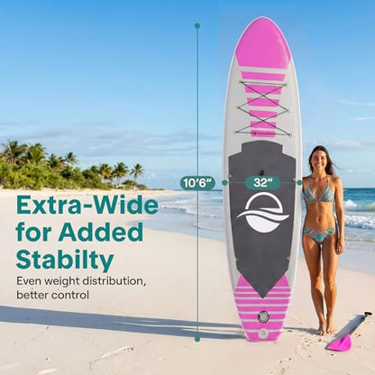 SereneLife 10’6” Inflatable Stand Up Paddle Board with Premium SUP Accessories - 32” Wide Stable Design with Non-Slip EVA Deck Pad, for Youth and Adults, 350 lbs. Capacity - color: Pink