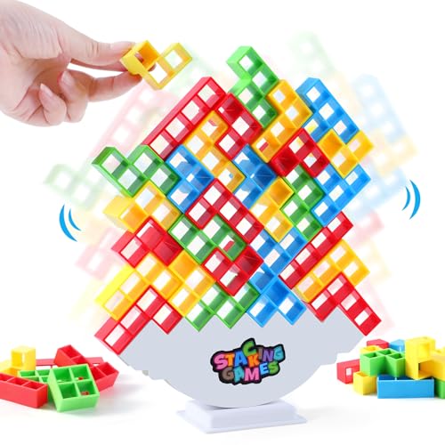 64 Pcs Stack Game for Adult & Kids, Balance Stacking Blocks Game for 2 Players+ Family Games, Parties, Travel, Kids & Adults Team Building Blocks Toy Gift for Kids or Friends