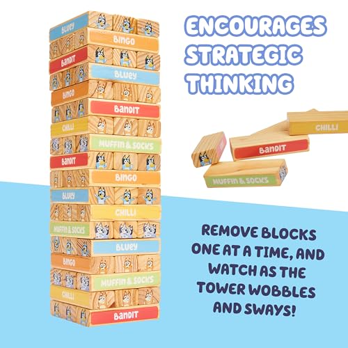 Bluey 8th Wonder Stackable Tumbling Tower Game, Robust Wooden Stacking Game with 54 Illustrated Colored Blocks, Fun Balancing Toy for Kids Ages 3+ - style: Tumbling Tower