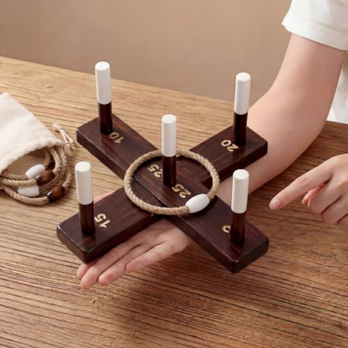 Leitee Mini Tabletop Ring Toss Game for Adults, Portable Wooden Desktop Ring Toss Set with Cross Base, 5 Scoring Pegs, 6 Rope Rings and Carry Bag for Indoor Office, Home, Parties and Travel