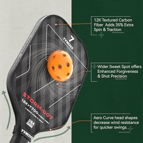 YVmove USAPA Approved Raw Carbon Fiber Pickleball Paddle, 16mm Thermoformed Pickleball Racket with High Spin & Extended Grip, Professional Pickleball Paddle for Control and Power - color: Matte Black