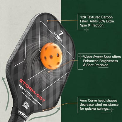 YVmove USAPA Approved Raw Carbon Fiber Pickleball Paddle, 16mm Thermoformed Pickleball Racket with High Spin & Extended Grip, Professional Pickleball Paddle for Control and Power - color: Matte Black