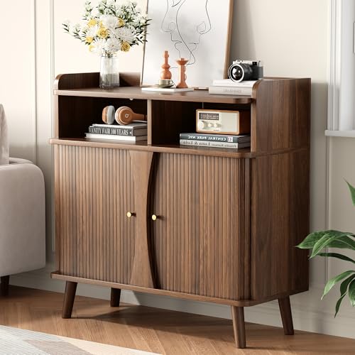 Decofy 39" Buffet Sideboard Cabinet, Mid Century Modern Console Cabinet with Roller Shutter Sliding Doors & Adjustable Shelves for Kitchen Cabinets, Living Room, Entryway, Coffee Bar Cabinet (Walnut) - color: Walnut