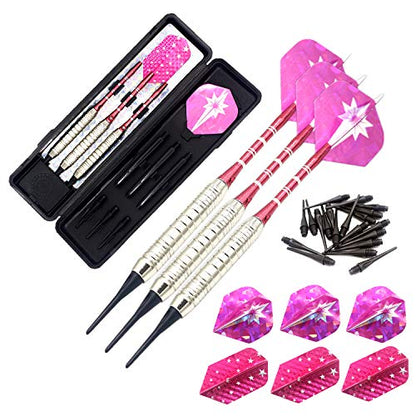 Soft Tip Darts Set for Electronic Dart Board 18/22g Plastic Tip Darts Set with Brass Barrels&Aluminum Shafts, 6 Flights 3 Spare Plastic Dart Shaft 20 Soft Tips Portable Case (18g-Silver&Pink)