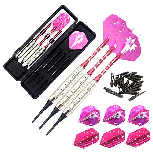 Soft Tip Darts Set for Electronic Dart Board 18/22g Plastic Tip Darts Set with Brass Barrels&Aluminum Shafts, 6 Flights 3 Spare Plastic Dart Shaft 20 Soft Tips Portable Case (18g-Silver&Pink)