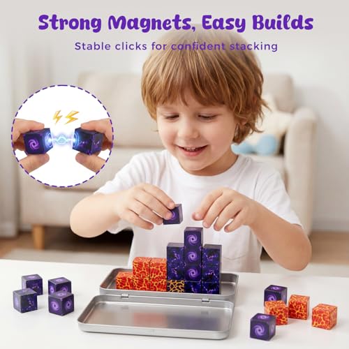 3 otters 32PCS Magnetic Building Blocks, Travel Toys for Kids Portal Magnet Cubes with Metal Tin, Stem Building Game for Toddler Pocket-Sized Travel Essentials - style: Magic Portal