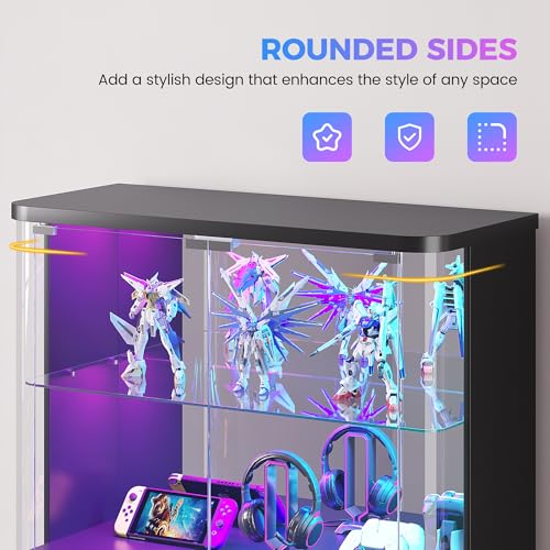 Dystler 71" Locking Glass Display Cabinet, 6-Tier Curio Case with RGB Light | Key Lock, Tempered Glass Shelves, RGB Motion-Sensor Lights, App Control, Curved Safety Edges, for Trophies & Figures - color: Black