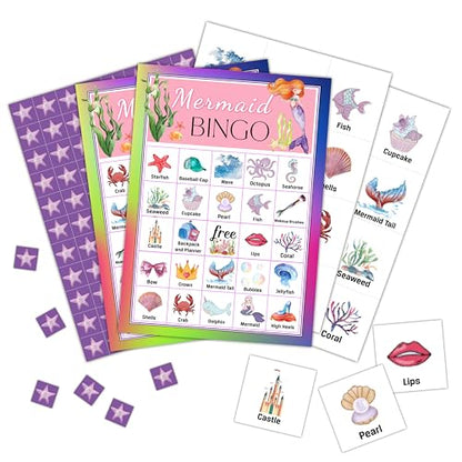 Mermaid Bingo Cards, Mermaid Bingo Games for 24 Players, Under The Sea Party Games for Family Friends Large Group Activities, Birthday Party Favors Supplies Decorations(27) - style: Purple Mermaid