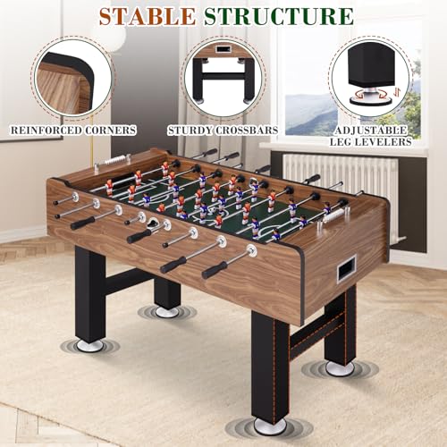 58 Inch Large Size Foosball Table Adult Size, Full Size Soccer Game Table w/2 Balls, Leg Levelers & Heavy-Duty Legs, Durable Arcade Football Table for Game Room, Home, Office, Party (Brown)