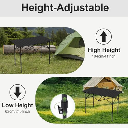 SHANQUAN Camping Table Roll up Table, Fold up Lightweight Compact 4-6 Person Portable Adjustable Height Roll up Aluminum Table with Carry Bag for Outdoor, Camping, Picnic, Backyards, BBQ - size: 47.2*25.6 inch/Adjustable