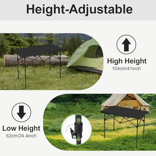 SHANQUAN Camping Table Roll up Table, Fold up Lightweight Compact 2-4 Person Portable Adjustable Height Roll up Aluminum Table with Carry Bag for Outdoor, Camping, Picnic, Backyards, BBQ - size: 37.4*25.6/Adjustable