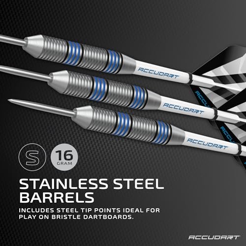 Accudart Steel Tip Dart Set 2.0 – 16g Stainless Steel Barrels with Radial Grooves, Polycarbonate Shafts, Standard Flights, Tri‑Fold Storage Case for Bristle Dartboards