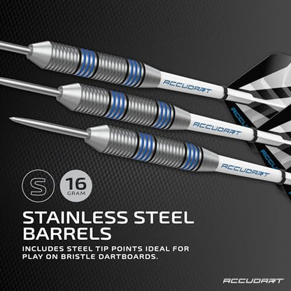 Accudart Steel Tip Dart Set 2.0 – 16g Stainless Steel Barrels with Radial Grooves, Polycarbonate Shafts, Standard Flights, Tri‑Fold Storage Case for Bristle Dartboards