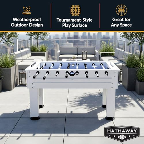 Hathaway Highlander 55-in Outdoor Foosball Table Adult Size - White Soccer Table Game Set with Waterproof Surface, Anti-Rust Rods, Ergonomic Handles, Nylon Cover, 2 Scorers, and 2 ABS Foosball Balls