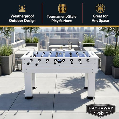 Hathaway Highlander 55-in Outdoor Foosball Table Adult Size - White Soccer Table Game Set with Waterproof Surface, Anti-Rust Rods, Ergonomic Handles, Nylon Cover, 2 Scorers, and 2 ABS Foosball Balls