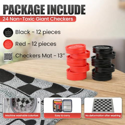 Bolaball 3-in-1 Jumbo Checkers & Tic Tac Toe Game Set with Carry Bag – Giant Outdoor Board Games, Family Games, Reversible 13" x 13" Board, 24 Easy-Grip Chips - style: Large Checker