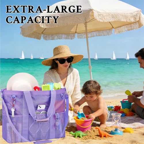 GYEUKHAM Mesh Beach Bag for Women, Sand-Resistant Pool Tote, 9 Pockets (1 Inner Zip), Foldable Family Travel Essentials - color: Extra Large - Purple