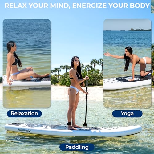 SereneLife 10’6" Inflatable Stand Up Paddle Board with Premium SUP Accessories - Wide Stable Design with Non-Slip EVA Deck Pad, for Youth and Adults, 350 lbs. Capacity - color: Black and Gray