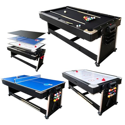 Pool Table Dining Table Combo with Ping Pong & Air Hockey Table, 7ft 4-in-1 Multi Game Table, Convertible Billiard Table for Adults Outdoor/Indoor - color: Black