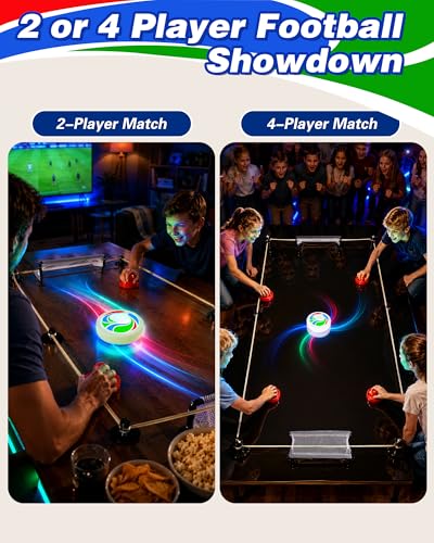 Rechargeable Tabletop Air Hockey Game with Soccer-Style LED Hover Puck, Table Top Hockey Game with Elastic Band Rebound Boundaries, 2-4 Player Indoor Table Game, Soccer Gift Idea for Family & Friends