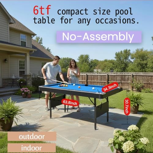 6 ft Foldable Pool Table with Steel Frame, Stable Billiard Tables with Safety Anti Collapse Locks, Heavy Duty Billiard Game Includes Full Set of Balls, 2 Cue Sticks, Chalk and Felt Brush