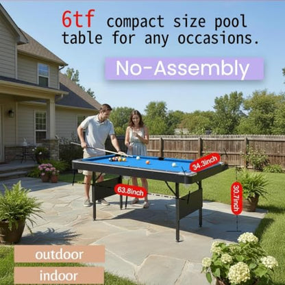 6 ft Foldable Pool Table with Steel Frame, Stable Billiard Tables with Safety Anti Collapse Locks, Heavy Duty Billiard Game Includes Full Set of Balls, 2 Cue Sticks, Chalk and Felt Brush