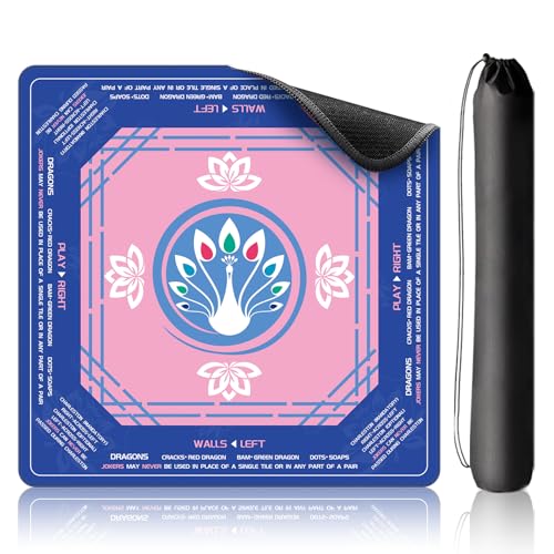 Mahjong Mat 33"x33" - Non-Slip Noise Reduction Gaming Mat with Beginner Rules for American Mahjong, Chinoiserie Peacock & Lotus Artwork Waterproof Surface with Carry Bag for Game Nights, Gift (Blue) - color: Blue-1