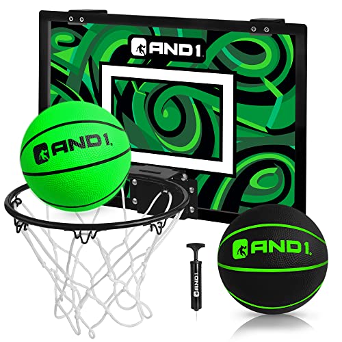 AND1 Over the Door Mini Basketball Hoop: 18x12 Shatterproof Backboard, 2 Mini Basketballs, and Hand Pump Included- Ultimate Indoor Basketball Accessory for Kids and Adults, No Tools Required - color: Green/Black, style: Mini Hoop / Two Balls