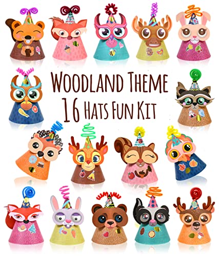 Glittery Garden Woodland Themed Christmas Party Hats Making Kit c/w Chenille Stems & Stickers. Group Activities, DIY Art Craft Home Project. Birthday, Easter & Fiesta Decoration for Kid - color: Multicolor 16 hats