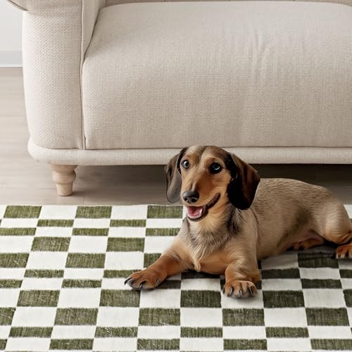 EVERGRACE Checkered Plaid Area Rug 2x6, Soft Christmas Faux Wool Rugs Washable Anti Slip Rugs Long Runner Carpet for Entryway Bedroom Living Room Hallway Kitchen and Laundry, Olive Green - color: Olive Green, size: 2' x 6' (Runner)